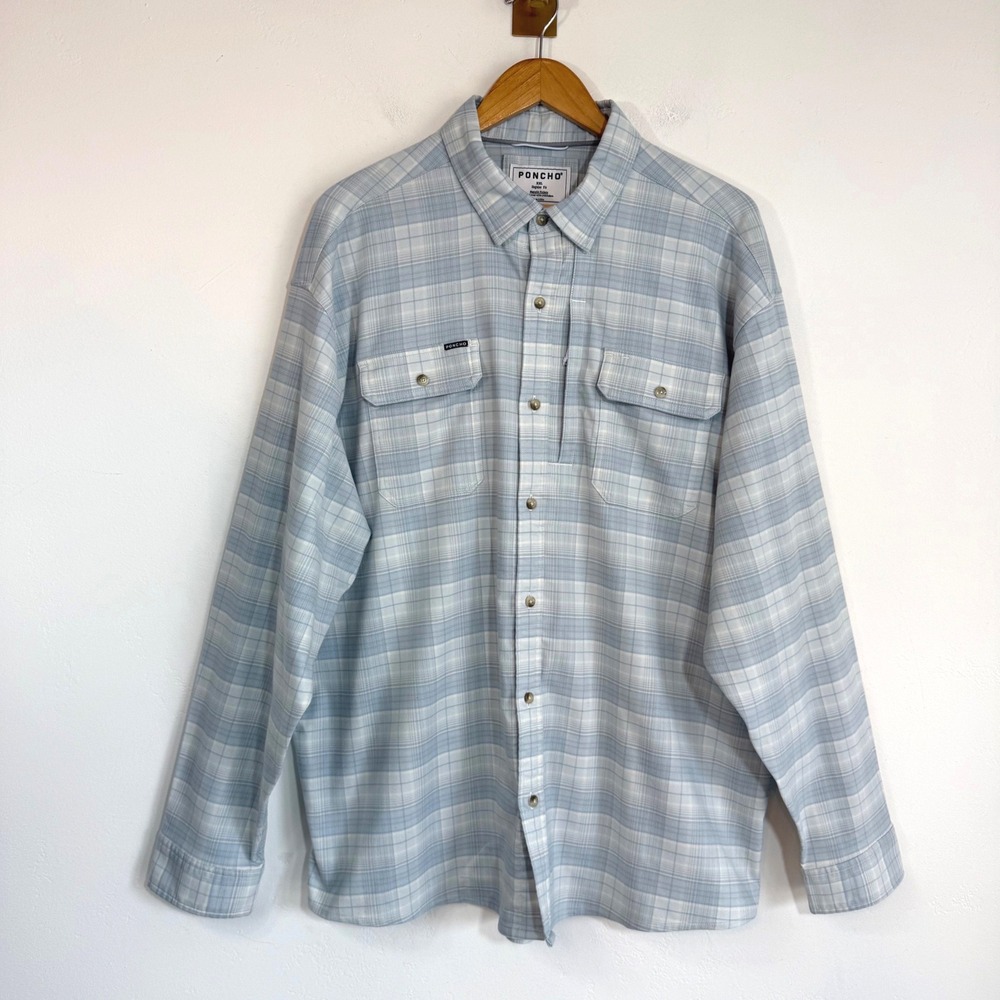 Poncho Outdoors Flannel Shirt XXL Blue Plaid Performance Fishing Magnetic Pocket